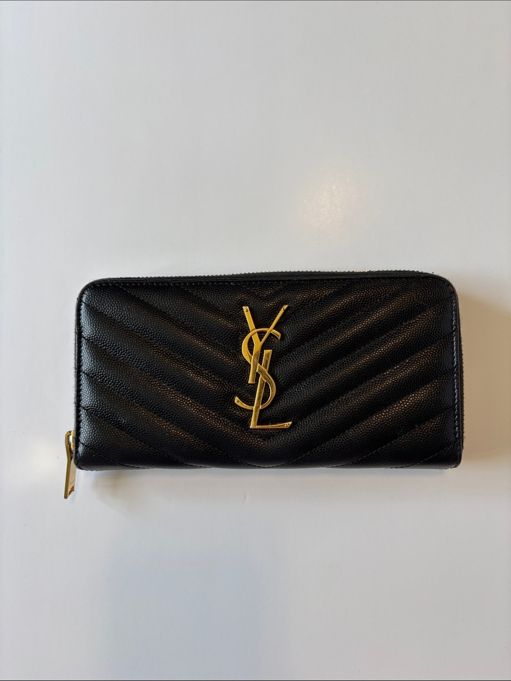 Saint Laurent Black Quilted Leather Zip Wallet with Gold YSL Emblem